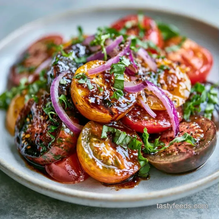 Slices of ripe red tomatoes and creamy white mozzarella arranged in a circle, garnished with fresh green basil leaves.