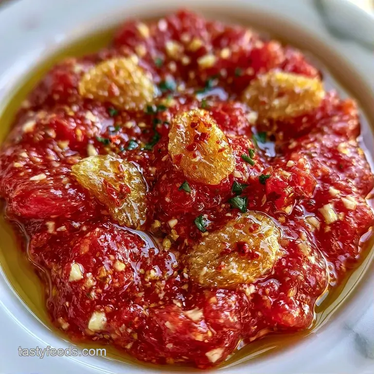 Slices of juicy red tomatoes arranged in a circle with a drizzle of golden oil and a sprinkle of flaky sea salt.