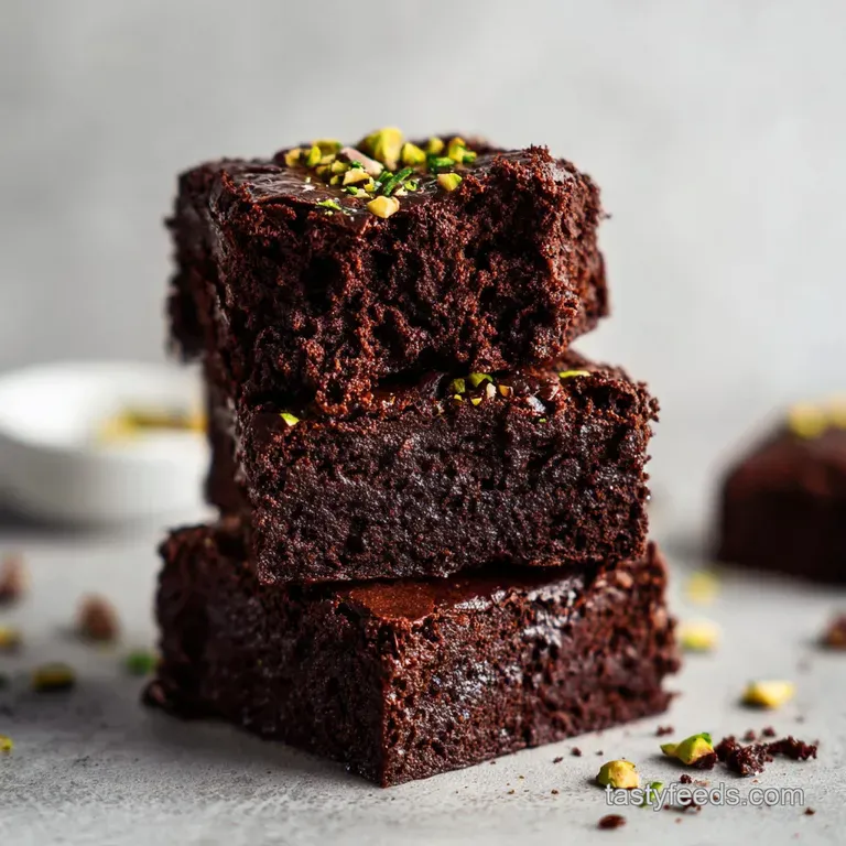 A fudgy zucchini brownie sits on a white plate, topped with a scoop of vanilla ice cream and a drizzle of chocolate sauce.