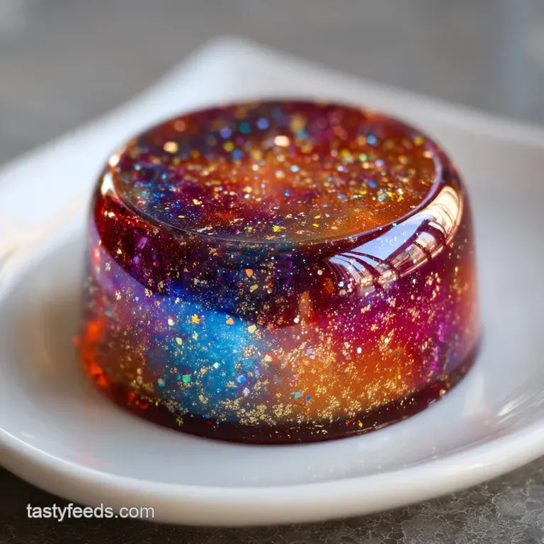 Slice of galaxy glaze cake with vibrant cosmic colors. Gleaming, glossy, and utterly decadent. Served on white plate.