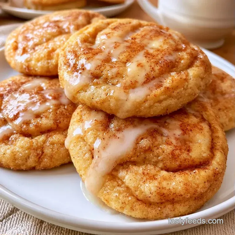 A neat stack of soft cookies on a white ceramic plate, drizzled with white icing and paired with fresh apple slices.