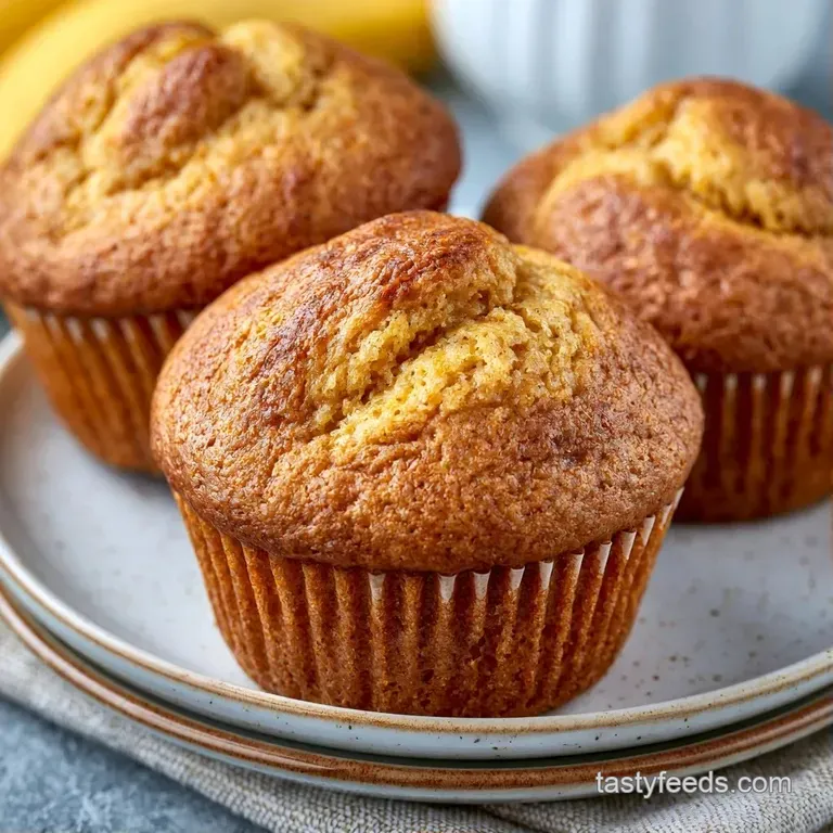 Three fluffy muffins stacked on a rustic wooden board next to a steaming cup of coffee and a linen napkin.