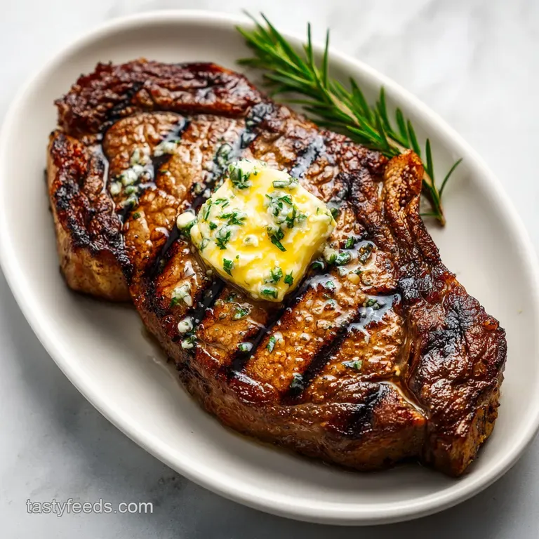 Thick-cut ribeye steak, perfectly seared, served with a side of vibrant green asparagus.