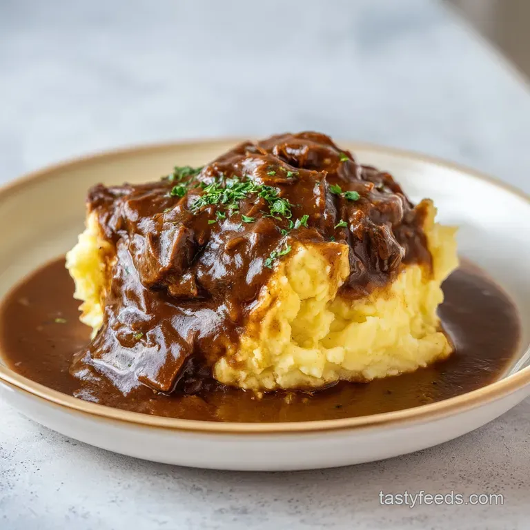 A swirl of creamy white potatoes topped with hearty brown beef gravy, garnished with herbs on a minimalist platter.