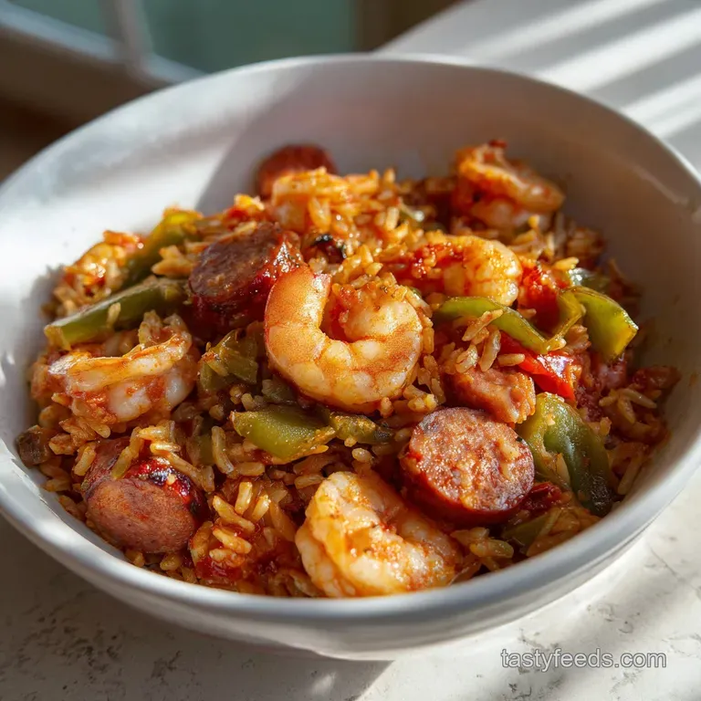 Elegant white bowl of savory seasoned rice topped with a fresh parsley sprig and sliced charred andouille sausage.