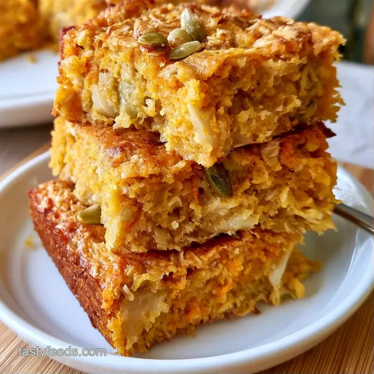 A stack of soft orange squares on a white ceramic plate, garnished with a sprinkle of cinnamon and a mint leaf.