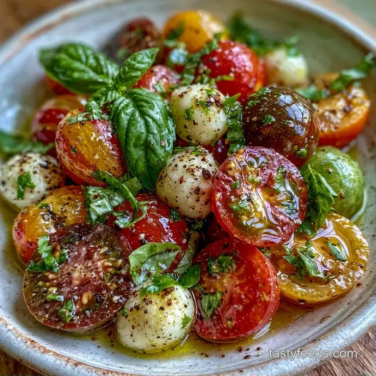 Elegant platter of layered multi-colored tomatoes, creamy white cheese, and fresh basil leaves with olive oil drips.