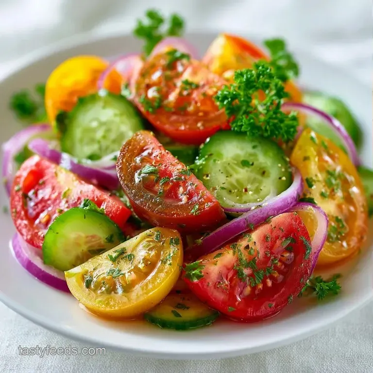 Brightly colored tomato and cucumber wedges arranged artfully on a white plate with a sprinkle of fresh black pepper.