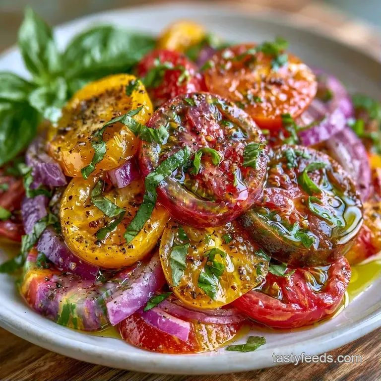 Slices of multicolored tomatoes and creamy mozzarella arranged on a white platter with fresh basil and balsamic glaze.