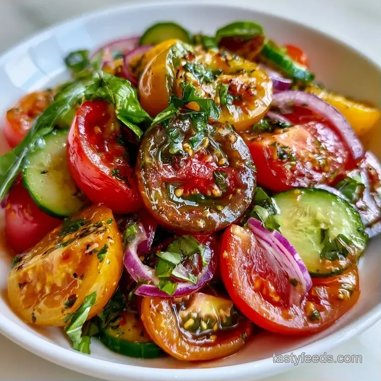 Slices of red and yellow tomatoes artfully plated with torn basil and glistening droplets of balsamic glaze.