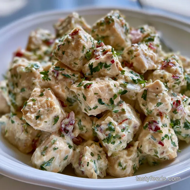 Diced chicken salad scooped into a white ceramic bowl, topped with a dusting of paprika and fresh parsley sprigs.