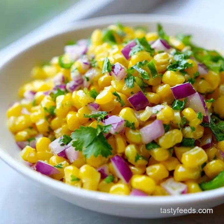 Elegant ceramic bowl of charred yellow corn salsa paired with salty tortilla chips and a fresh lime slice.