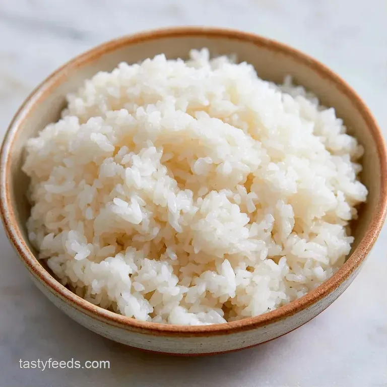 A minimalist wooden bowl filled with glistening, sticky white grains, paired with a natural bamboo rice paddle.