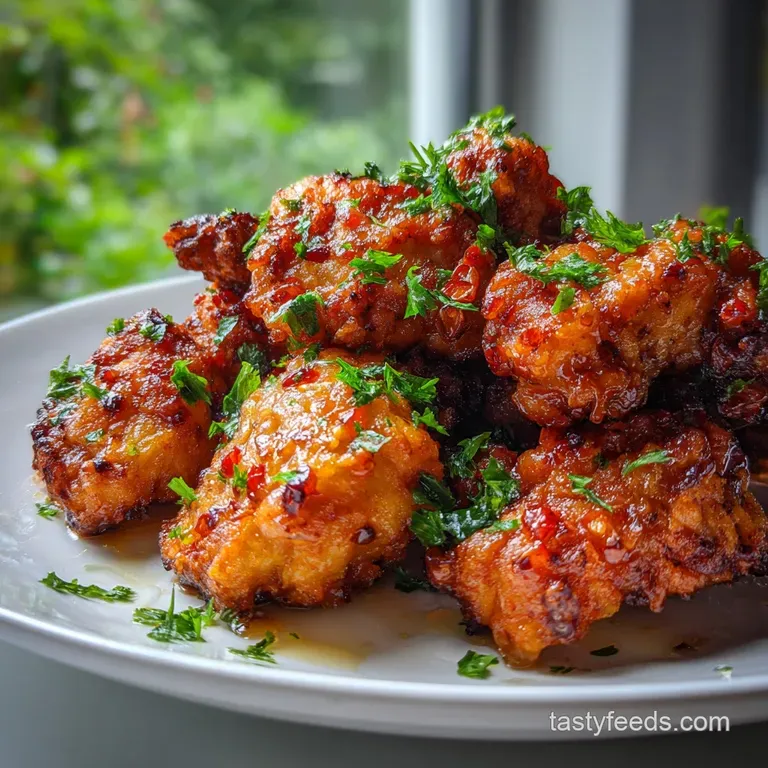 A perfectly plated honey butter chicken dish with sesame seeds. Steam rises, indicating freshness. Accompanied by vibrant ...