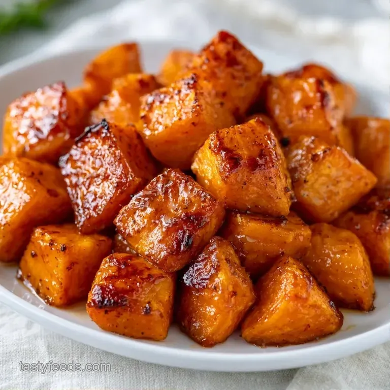 Neatly stacked orange root vegetable cubes garnished with fresh green parsley on a minimalist white dinner plate.