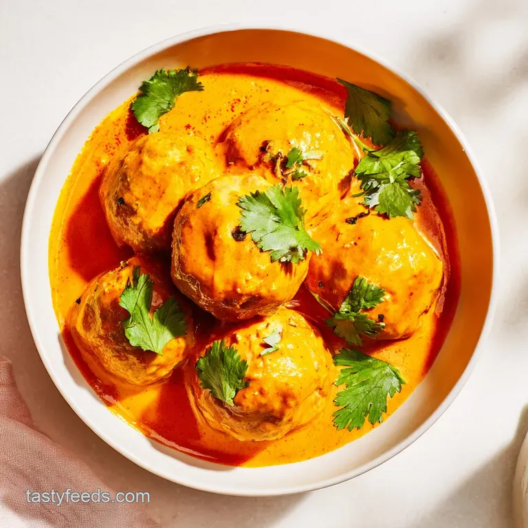 Seared meat spheres nestled in a vibrant yellow curry, plated in a white bowl with a side of steamed cauliflower rice.