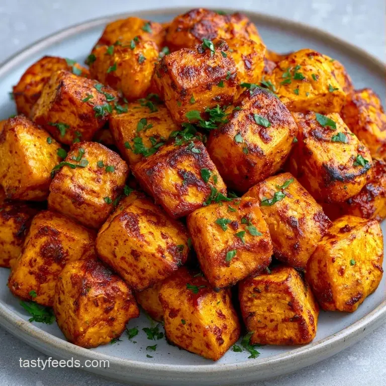 Roasted orange vegetable cubes on a rustic platter, accented by a swirl of white yogurt and chopped cilantro.