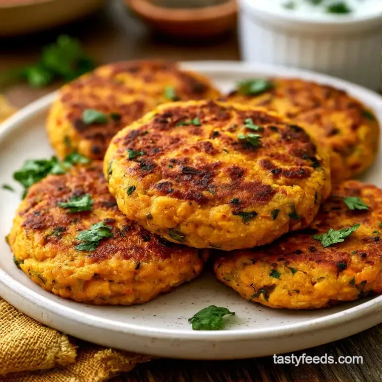 Neatly stacked golden vegetable cakes topped with a swirl of creamy white sauce and a sprinkle of fresh chives.