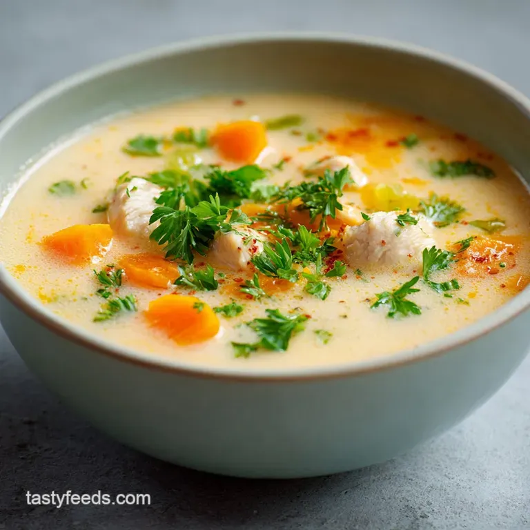 A steaming white ceramic bowl of thick vegetable soup topped with a sprinkle of fresh, bright green chopped parsley.