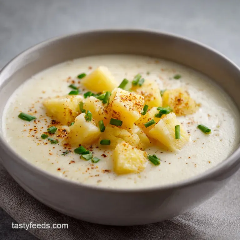 A white ceramic bowl of creamy white soup on a rustic wood table with crusty sourdough bread and a silver spoon.