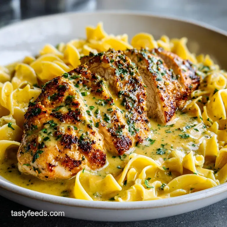 Plated lemon garlic chicken breast atop swirling parmesan pasta, drizzled butter sauce, and bright lemon slice. Fresh, inv...