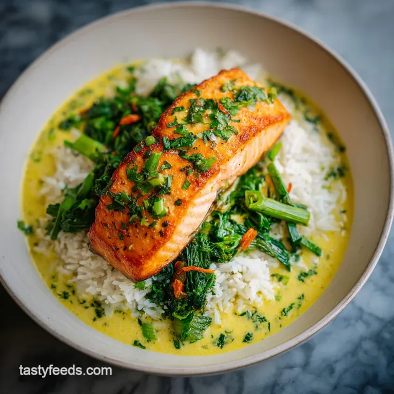 Perfectly plated salmon rice bowl. Herb-crusted salmon glistens atop fluffy rice, accented by lemon and colorful herbs, a ...