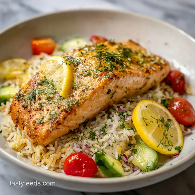 Lemon Herb Salmon Rice Bowl with Creamy Dressing