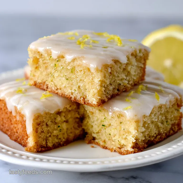 Lemon zucchini bar half, creamy glaze drizzled down the soft, moist cake, alongside a bright yellow lemon slice.