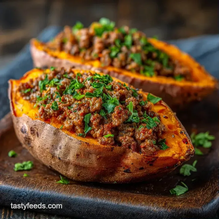 Two roasted orange potatoes on a matte black plate, overflowing with seasoned beef and drizzled with creamy sauce.