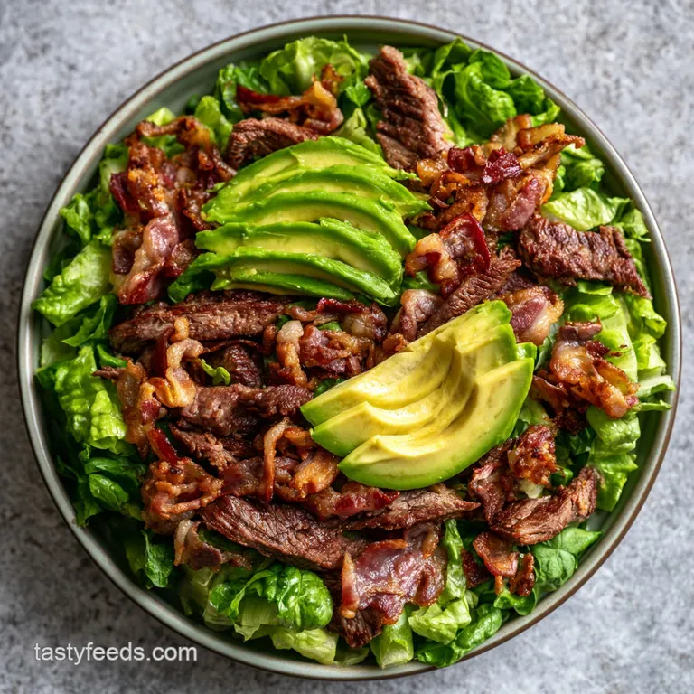 Vibrant salad bowl with a juicy burger patty, melted gold cheese, and red onion slices on a slate background.