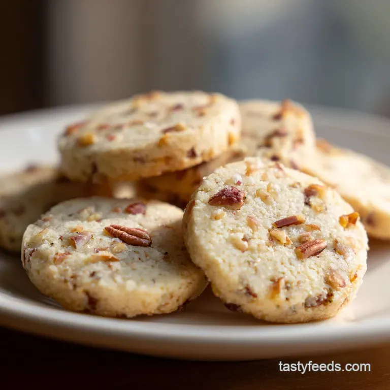Stack of buttery shortbread cookies with candied pecans, drizzled with amber maple syrup on a white plate. A delightful, s...