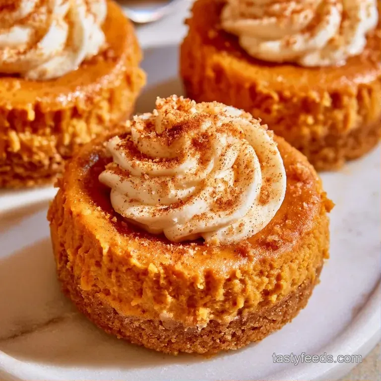 Tiny orange cheesecakes arranged on a white ceramic platter with autumn leaves and a sprinkle of ground cinnamon spice.