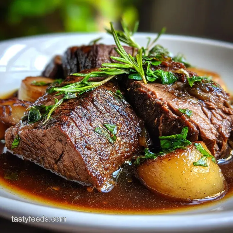 Tender braised beef slice, glistening with sauce, plated alongside colorful roasted root vegetables and garnished with fre...