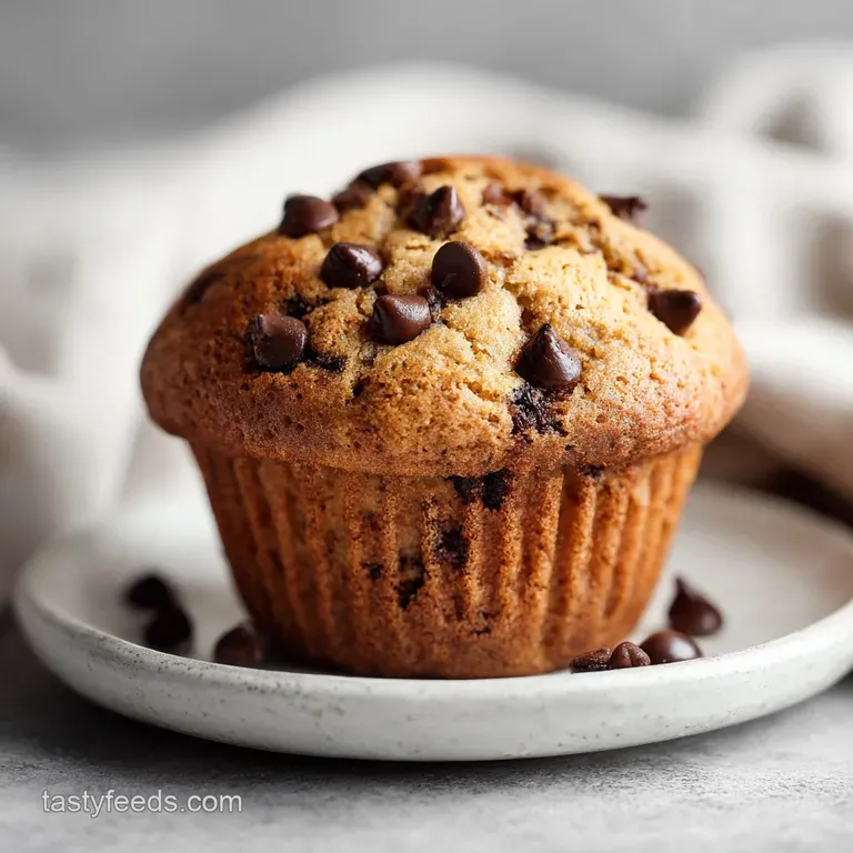 Warm chocolate chip banana muffin displayed on a delicate plate, beside a glass of milk. Streaks of sunlight create soft s...