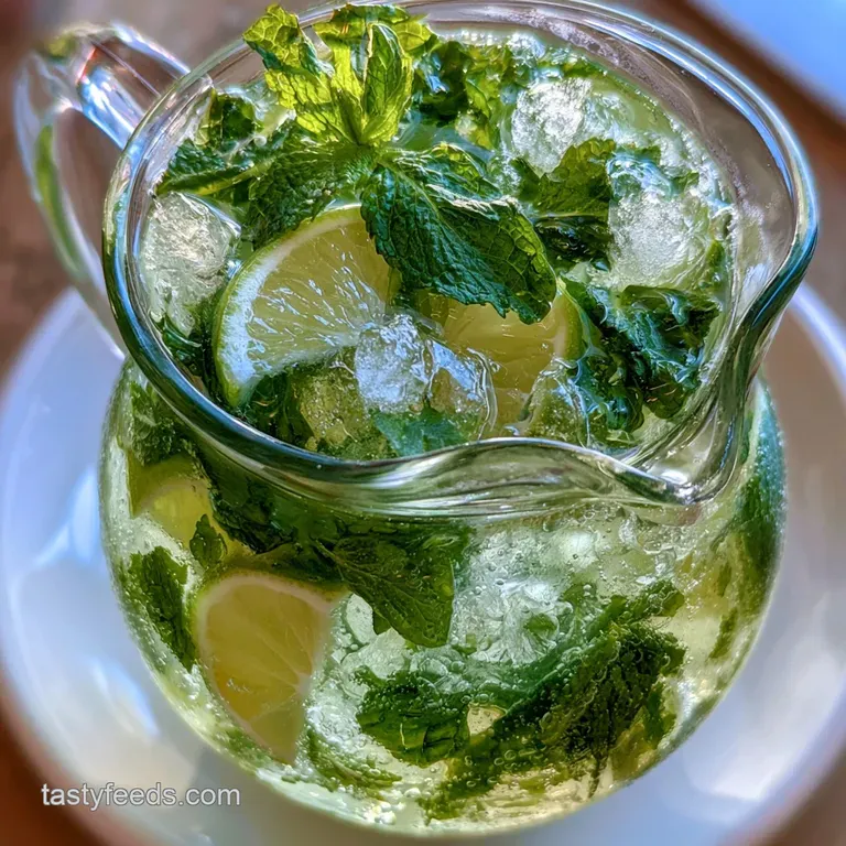 Chilled glass pitcher surrounded by elegant highball glasses, fresh mint sprigs, and sliced limes on a white tray.