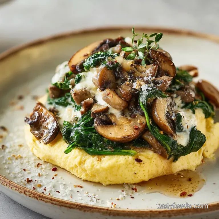 Creamy scrambled eggs with spinach & mushrooms served on a white plate, brightened with a sprig of fresh herbs, inviting m...
