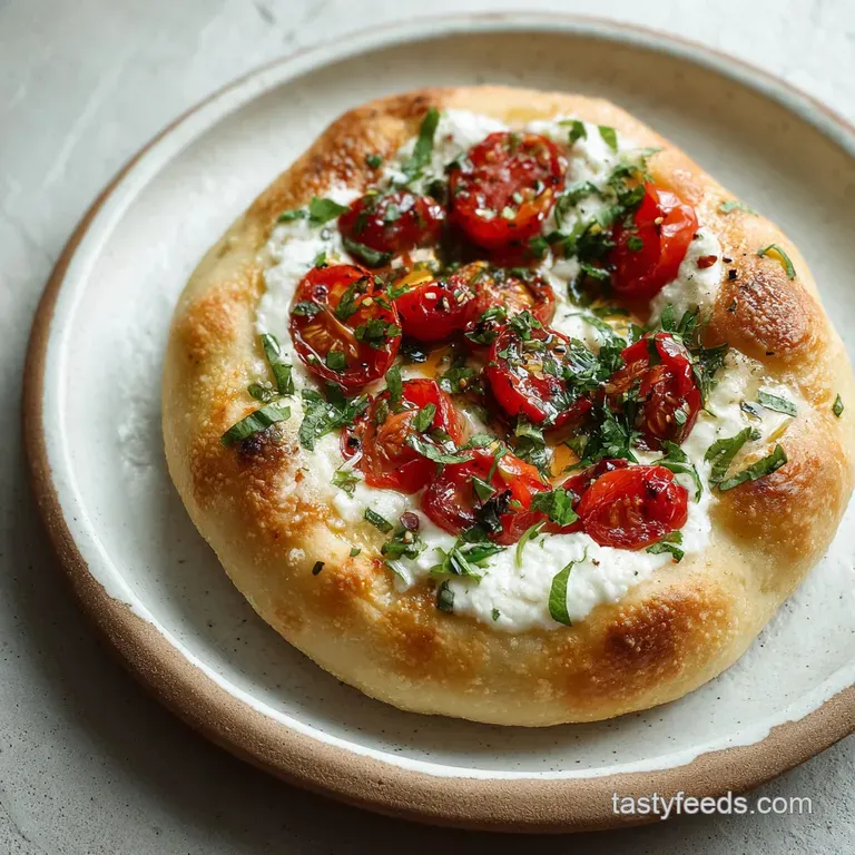 A perfectly round Neapolitan pizza, blistered and charred, with vibrant red tomato sauce, creamy mozzarella, and fresh gre...