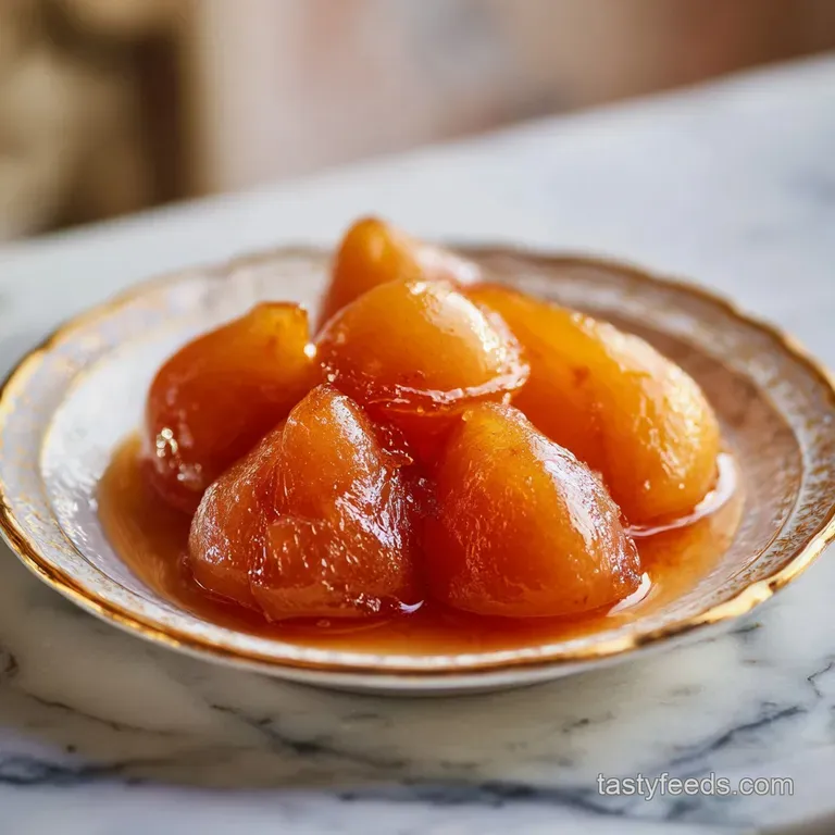 A spoonful of amber pear preserves cascading onto a buttered biscuit, steam rising, hinting at warm, spiced fruit.