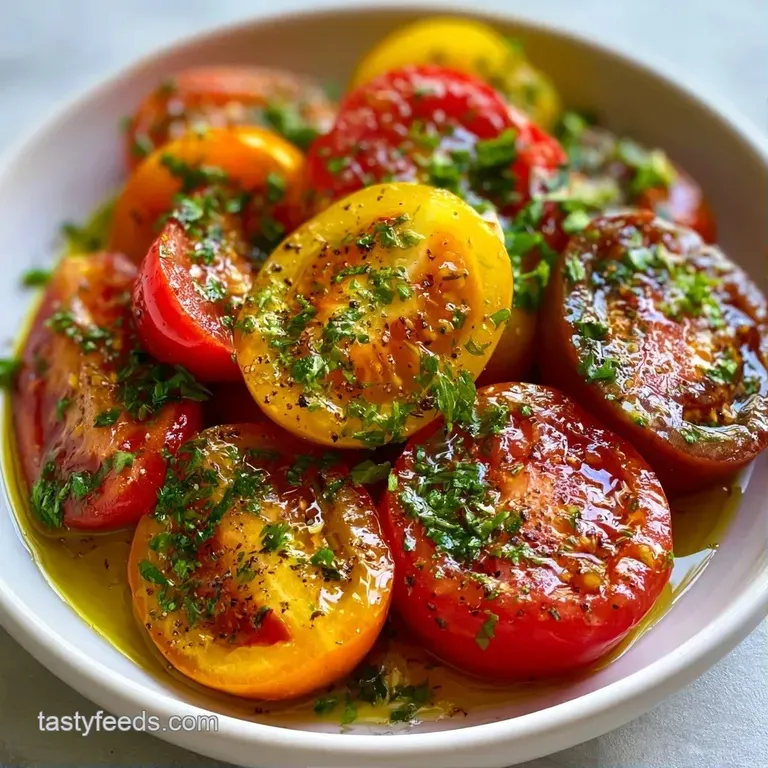 Colorful sliced tomatoes arranged on a white platter with glossy olive oil and a garnish of fresh green basil leaves.