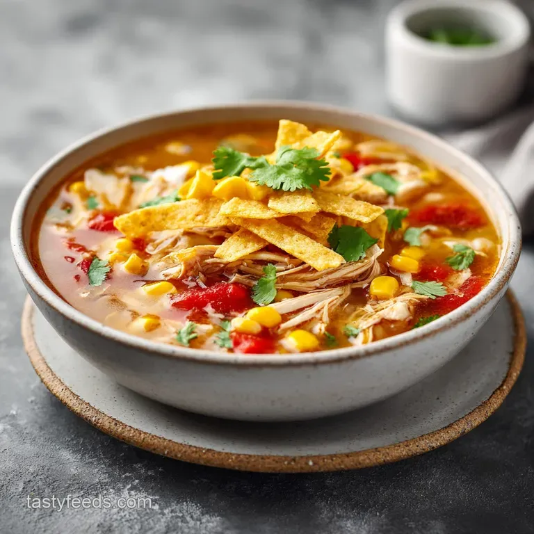 Elegantly plated chicken tortilla soup. Swirls of cream, bright cilantro garnish, and golden tortilla strips add visual de...