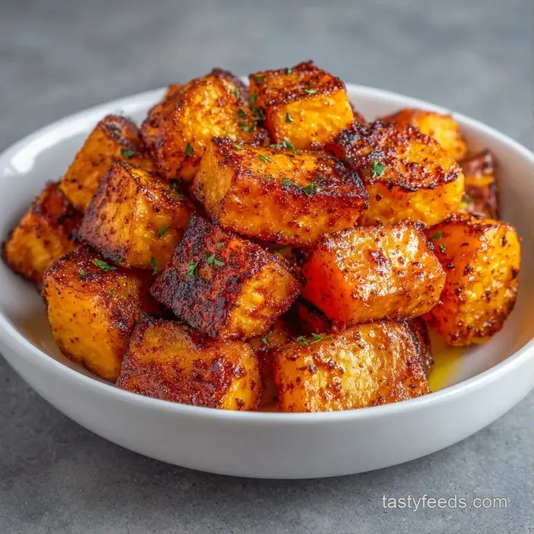 Neatly piled orange root vegetable cubes with charred tips, served in a ceramic bowl with a sprig of fresh rosemary.