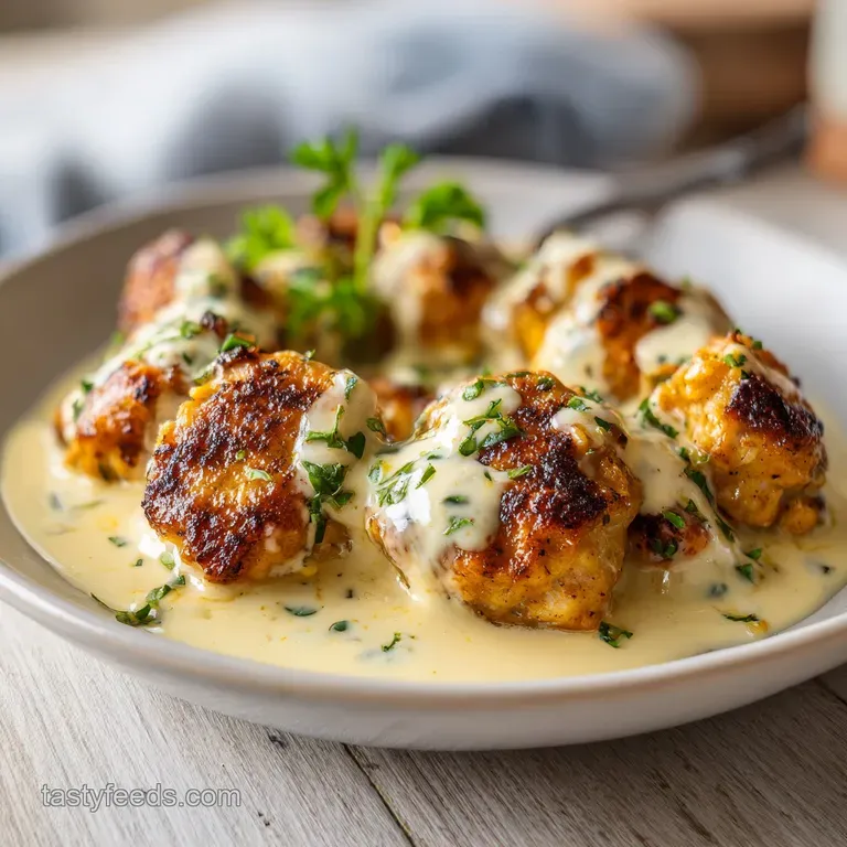 Swirls of buttery pasta and seared chicken on a white ceramic plate, garnished with freshly chopped green parsley.