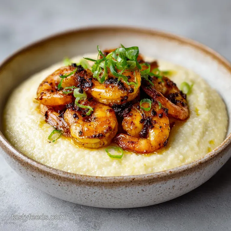 Saut&eacute;ed pink shrimp arranged atop a smooth, creamy white puree in a ceramic bowl with a sprig of fresh parsley.