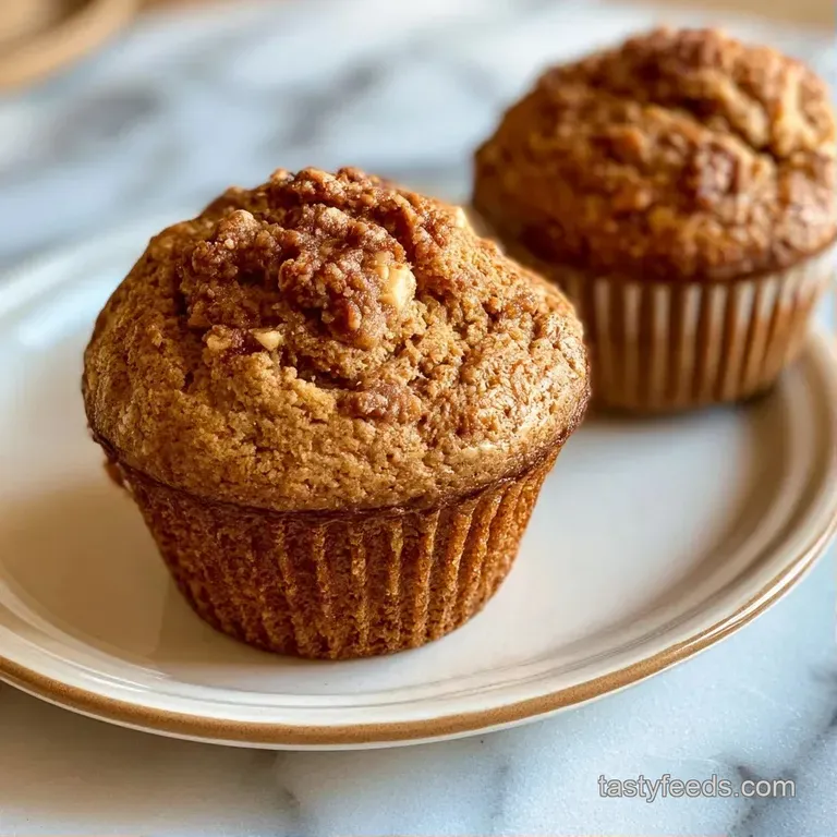 Three warm, golden muffins stacked on a white ceramic plate beside a glass of milk and sliced fresh bananas.