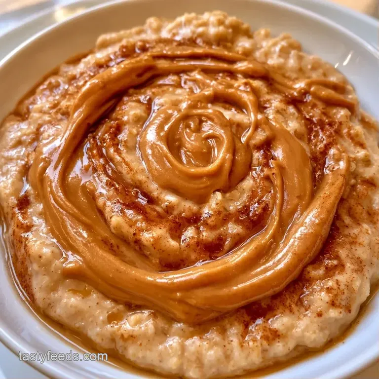 A rustic ceramic bowl of thick porridge topped with neat banana rounds and a drizzle of golden peanut butter.