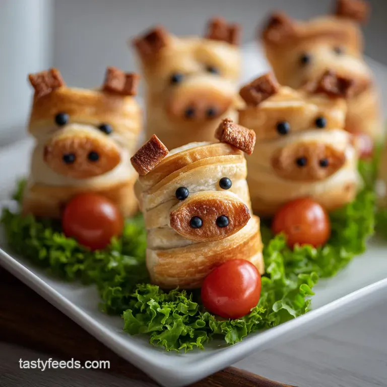 A small plate holding four pigs in a blanket; the crust is flaky and golden, presented with a small dish of dipping sauce.