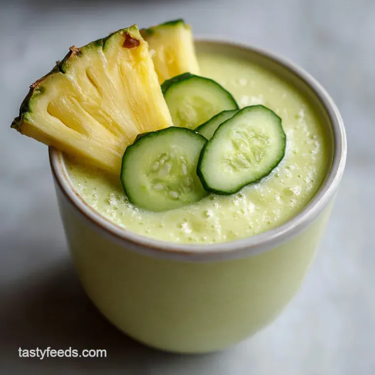 A tall chilled glass of pale green smoothie with cucumber ribbons and a golden pineapple wedge on the rim.