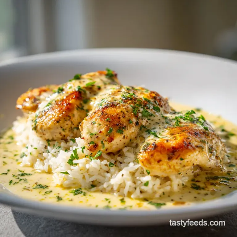 Creamy chicken and rice elegantly plated, garnished with vibrant green herbs. The glistening sauce and tender chicken are ...