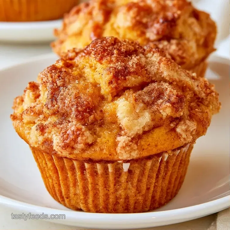Three spiced orange-colored muffins arranged on a marble platter, garnished with thin apple slices and cinnamon.