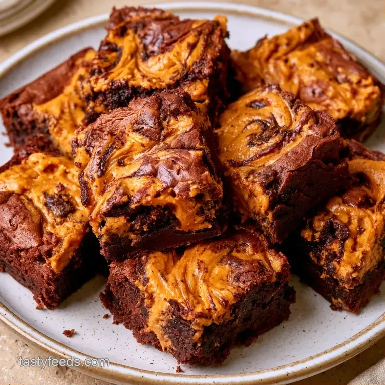 A stack of square dessert bars featuring marbled orange and white swirls atop a rich, dark chocolate base.
